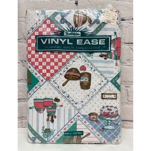 Flannel back vinyl tablecloth country Farmhouse Baking oblong 52” x 90” Vtg 90s